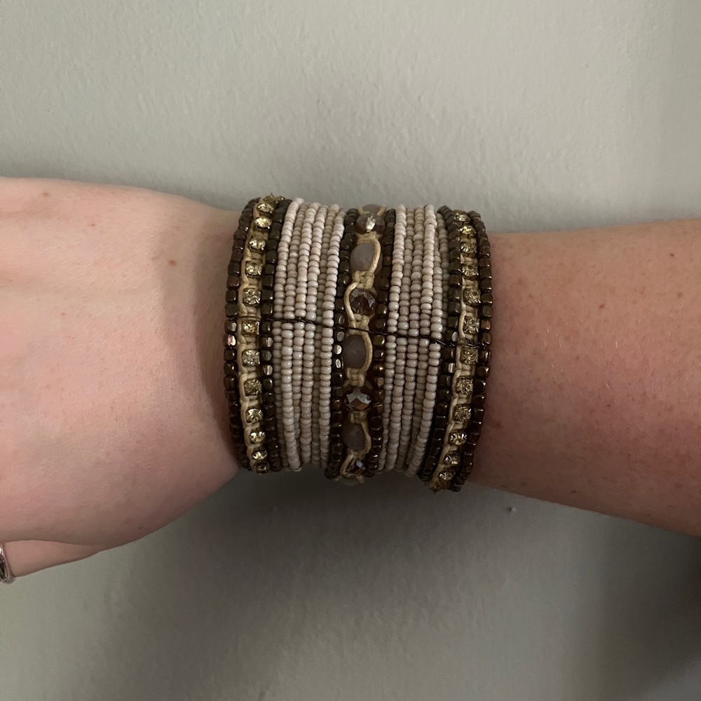 Elegant Beaded Bracelet Set in Cream and Brown